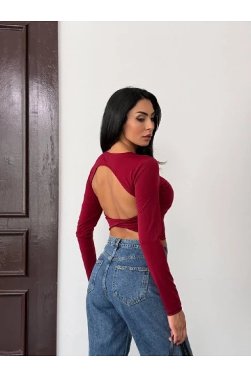 Kadın Bordo Sırt Dekolteli  Uzun Kollu Sandy Bluz HZL25W-FRY123381