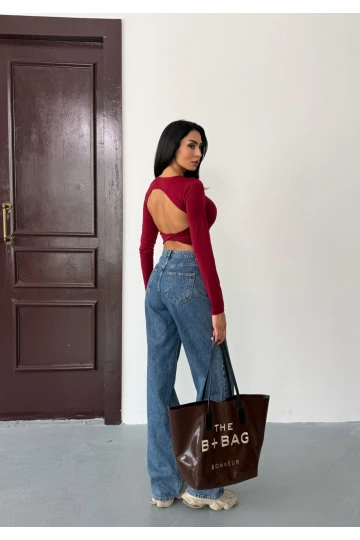 Kadın Bordo Sırt Dekolteli  Uzun Kollu Sandy Bluz HZL25W-FRY123381