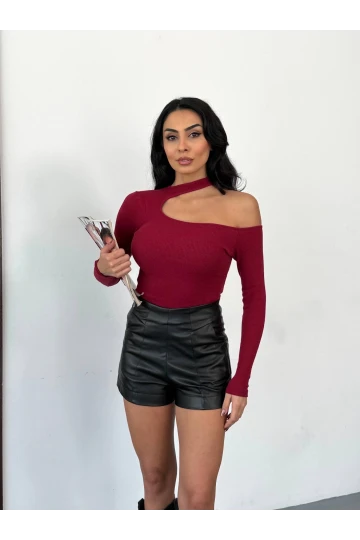 Kadın Bordo Tek Omuz Yırtmaç Detaylı Uzun Kollu Fitilli Kaşkorse Bluz HZL25W-FRY121531