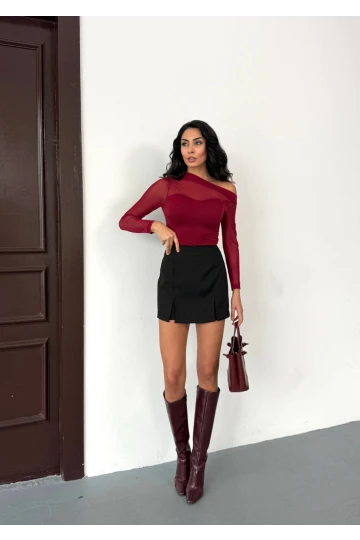 Kadın Bordo Tül Garnili Uzun Kol Şık Rahat Bluz HZL25W-FRY123541