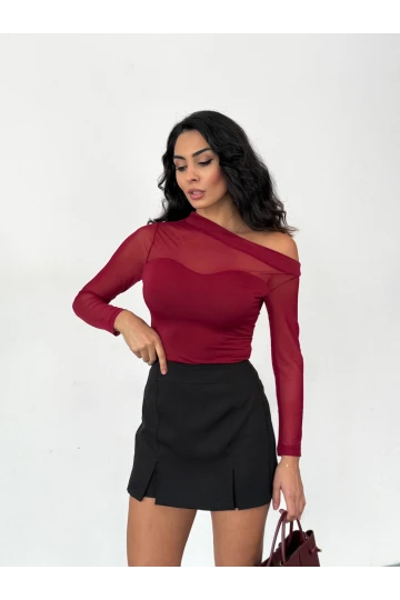 Kadın Bordo Tül Garnili Uzun Kol Şık Rahat Bluz HZL25W-FRY123541