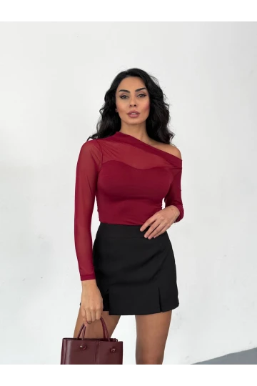 Kadın Bordo Tül Garnili Uzun Kol Şık Rahat Bluz HZL25W-FRY123541