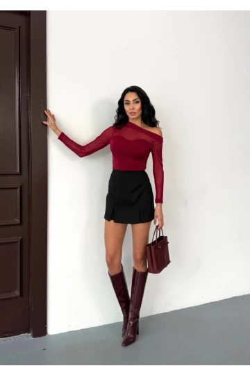 Kadın Bordo Tül Garnili Uzun Kol Şık Rahat Bluz HZL25W-FRY123541