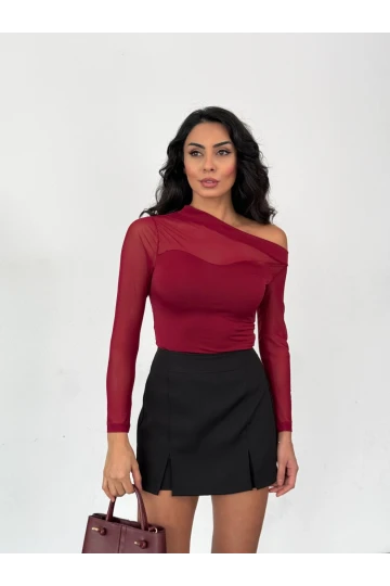 Kadın Bordo Tül Garnili Uzun Kol Şık Rahat Bluz HZL25W-FRY123541