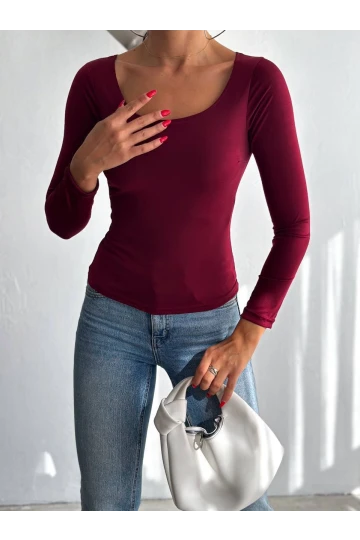 Kadın Bordo U Yaka Uzun Kollu Sandy Bluz HZL25S-FRY122471