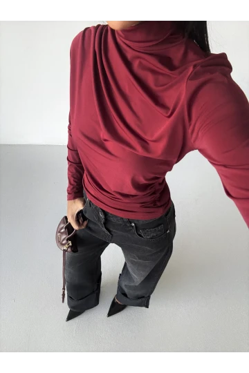 Kadın Bordo Uzun Kollu Drape Detaylı Boğazlı Sandy Bluz HZL25W-FRY123301