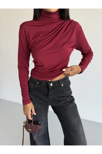 Kadın Bordo Uzun Kollu Drape Detaylı Boğazlı Sandy Bluz HZL25W-FRY123301