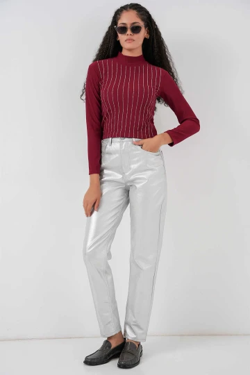 Kadın Bordo Yarım Balıkçı Önü Taşlı Body HZL25W-BD19221