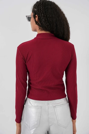 Kadın Bordo Yarım Balıkçı Önü Taşlı Body HZL25W-BD19221