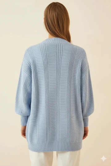 Kadın Buz Mavi Saç Örgü Desen Uzun Düğmeli Rahat Kesim Triko Hırka HZL23W-BD1100691