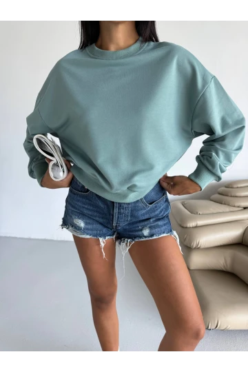 Kadın Çağla Yeşil Bisiklet Yaka 2 İplik Sweatshirt HZL25W-FRY123391