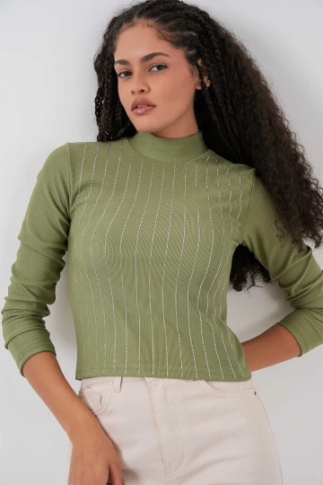 Kadın Çağla Yeşil Yarım Balıkçı Önü Taşlı Body HZL25W-BD19221