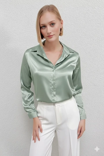 Kadın Çağla Yeşili Hafif Dökümlü Saten Yüzeyli Gömlek Hzl22w-bd139641