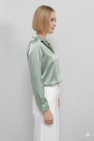 Kadın Çağla Yeşili Hafif Dökümlü Saten Yüzeyli Gömlek Hzl22w-bd139641