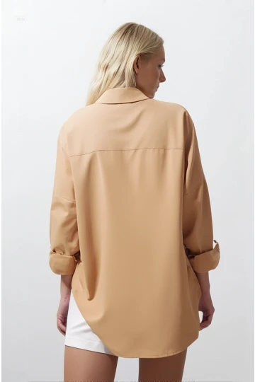 Kadın Camel Oversize Uzun Basic Gömlek  HZL22W-BD139001