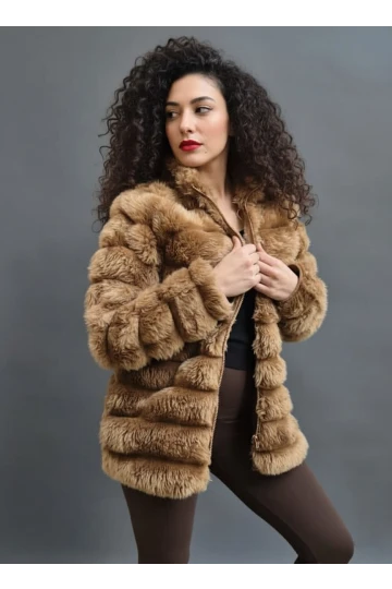 Kadın Camel Şık Peluş Suni Kürk Ceket HZL23W-DSB110061
