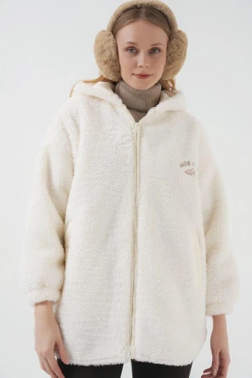 Kadın Ekru Fermuarlı Suni Yünlü Astarlı Kapüşonlu Peluş Ceket HZL25W-BD152071
