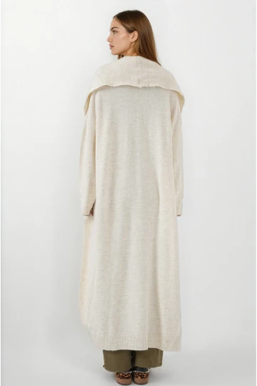 Kadın Ekru Oversize Uzun Triko Hırka HZL25W-BD1103041