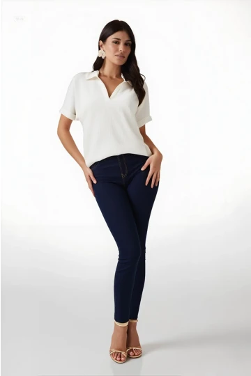 Kadın Ekru Polo Yaka Geniş Kesim Örme Bluz HZL24S-BD104861