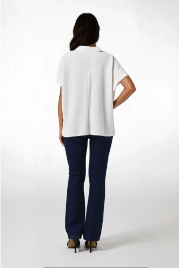 Kadın Ekru Polo Yaka Geniş Kesim Örme Bluz HZL24S-BD104861