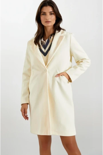 Kadın Ekru Tek Düğmeli Çift Cepli Astarlı Şık Kaşe Kaban HZL23W-BD190851
