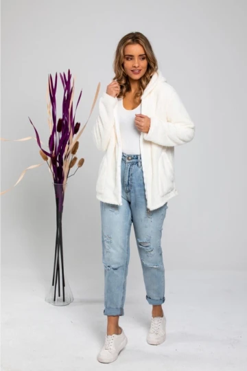 Kadın Ekru Welsoft esnek kumaş Peluş Yumoş Önü Fermuarlı Kapüşonlu Ceket HZL23W-DSB110081