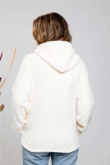 Kadın Ekru Welsoft esnek kumaş Peluş Yumoş Önü Fermuarlı Kapüşonlu Ceket HZL23W-DSB110081