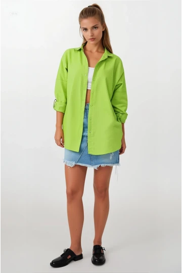Kadın Fıstık Yeşili Oversize Uzun Basic Gömlek HZL22W-BD139001