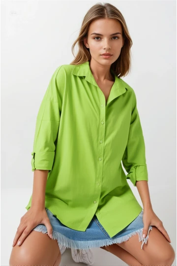Kadın Fıstık Yeşili Oversize Uzun Basic Gömlek HZL22W-BD139001