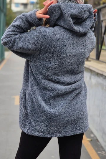 Kadın Füme Welsoft esnek kumaş Peluş Yumoş Önü Fermuarlı Kapüşonlu Ceket HZL23W-DSB110081