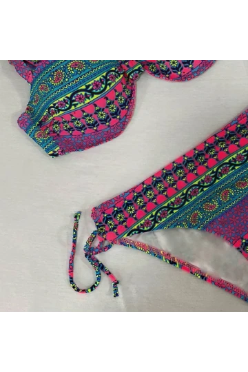 Kadın Fuşya Çok Renkli Etnik Desen Atarlı Bikini Takımı HZL25S-LC8004