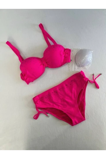Kadın Fuşya Taş İşlemeli Astarlı Bikini Takım HZL25S-LC3361