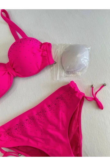 Kadın Fuşya Taş İşlemeli Astarlı Bikini Takım HZL25S-LC3361