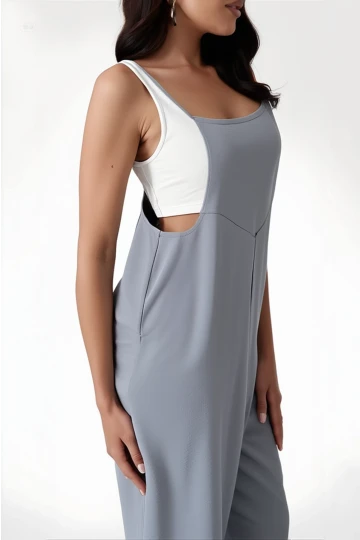 Kadın Gri Ayarlanabilir Askılı Cepli Bol Paça Bahçıvan Tulum HZL22S-BD170191