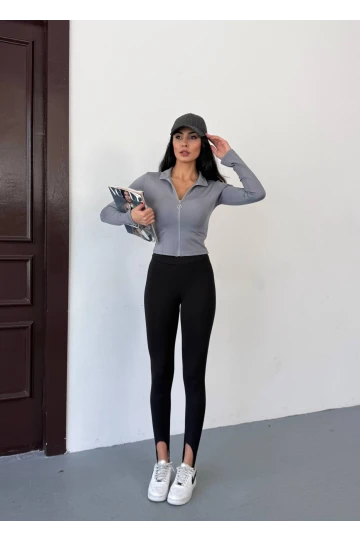 Kadın Gri Dalgıç Kumaş Fermuar Kapamalı Parmak Geçirmeli Sweatshirt HZL25W-FRY123441