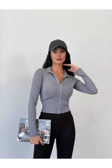 Kadın Gri Dalgıç Kumaş Fermuar Kapamalı Parmak Geçirmeli Sweatshirt HZL25W-FRY123441