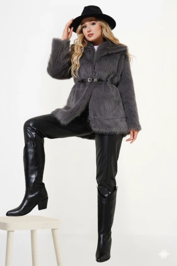 Kadın Gri Kemer Detaylı Astarlı Peluş Kürk Mont HZL25W-BD191561