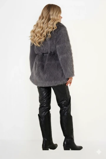 Kadın Gri Kemer Detaylı Astarlı Peluş Kürk Mont HZL25W-BD191561