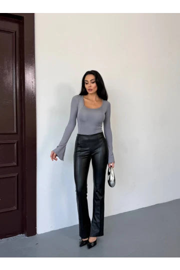 Kadın Gri Uzun Kollu Arkası Bağlamalı Fit Kesim Crop Bluz HZL25W-FRY122771