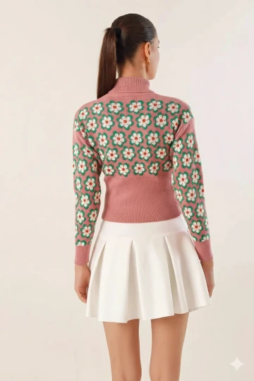 Kadın Gül Kurusu Çiçek Desenli Boğazlı Crop Kazak HZL24W-BD1101381