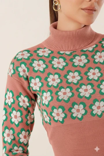 Kadın Gül Kurusu Çiçek Desenli Boğazlı Crop Kazak HZL24W-BD1101381