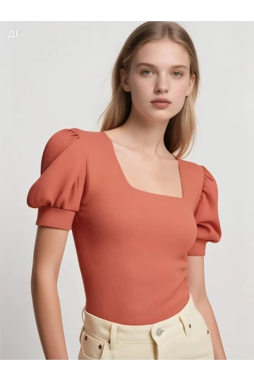 Kadın Gül Kurusu Kare Yaka Örme Bluz HZL22W-BD104091