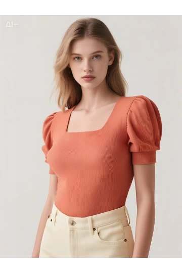 Kadın Gül Kurusu Kare Yaka Örme Bluz HZL22W-BD104091