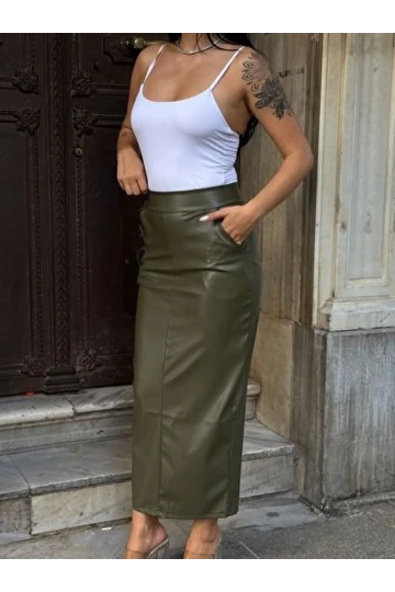 Kadın Haki Arkadan Yırtmaçlı Fermuarlı Cepli Kalem Etek HZL25W-FRY122431