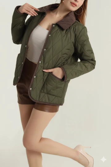 Kadın Haki Çıt Çıt Kapamalı Kadife Detaylı Kapitone Mont HZL25W-BD152261