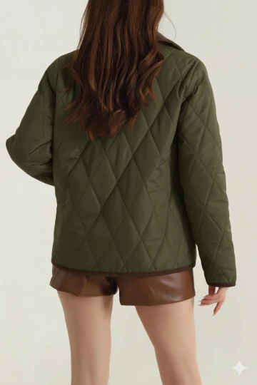 Kadın Haki Çıt Çıt Kapamalı Kadife Detaylı Kapitone Mont HZL25W-BD152261