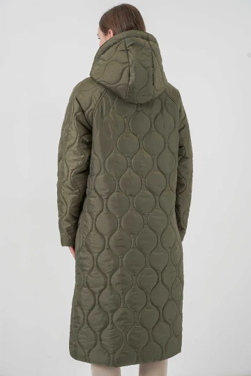 Kadın Haki Kapüşonlu Kapitone Uzun Şişme Mont HZL24W-BD151771