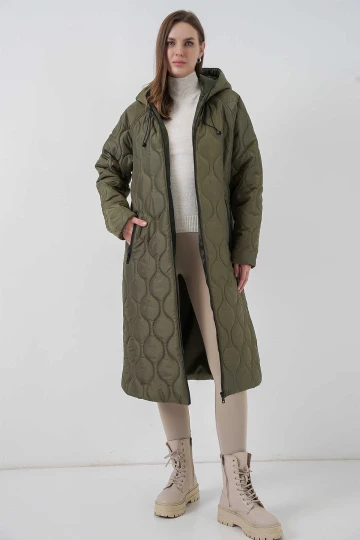 Kadın Haki Kapüşonlu Kapitone Uzun Şişme Mont HZL24W-BD151771