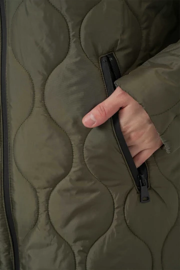 Kadın Haki Kapüşonlu Kapitone Uzun Şişme Mont HZL24W-BD151771