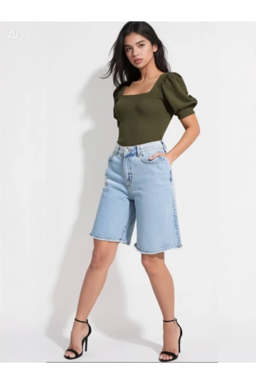 Kadın Haki Kare Yaka Örme Bluz Hzl22w-bd104091